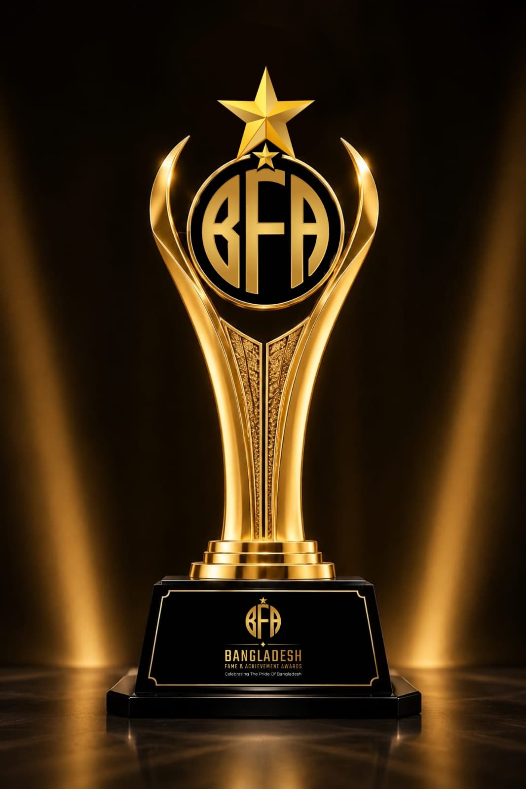 The BFA gold trophy — a star above the BFA monogram held aloft on a black plinth